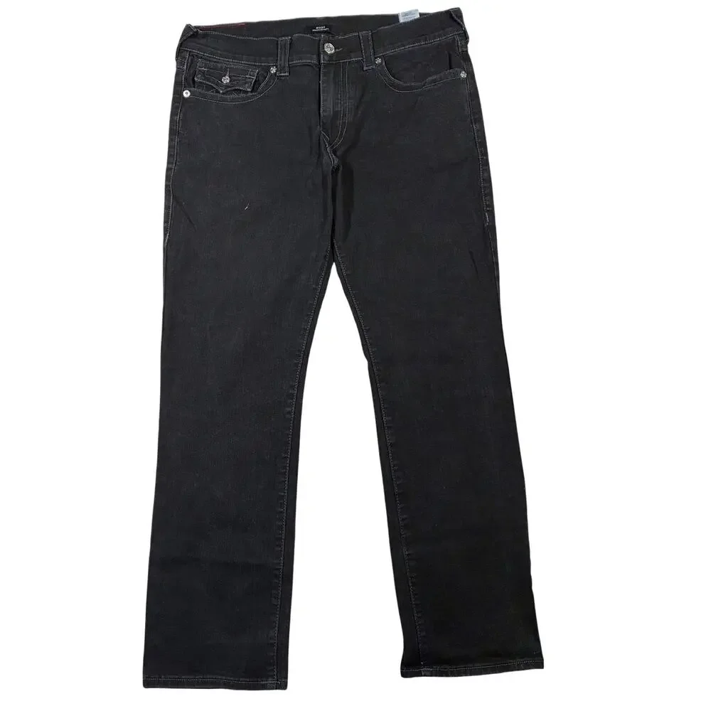 True Religion Jeans 36 x 32 Black Mens Ricky Relaxed Straight Flap Pockets Denim